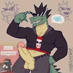 bara barazoku belt clothing crocodile crocodilian dax_(piemations) digital_drawing_(artwork) digital_media_(artwork) eyewear hi_res how_to_be_cool lustjou male male_only reptile scalie sharp_teeth shirt smile smiling_at_viewer solo speech_bubble sunglasses tail teeth topwear