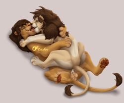 after_sex anthro balls bodily_fluids cum cum_on_balls cum_on_penis duo eye_contact felid feral feral_on_feral french_kissing genital_fluids genitals hi_res hug kissing leaking_cum lion looking_at_another lying male male/male mammal on_back on_front onlyfurs open_mouth pantherine penis spread_legs spreading tongue tongue_out