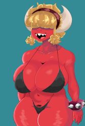 big_breasts bikini bitchbalwin blonde_hair demon_girl horns red_body sharp_teeth simple_background thick_thighs