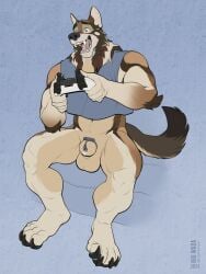 2024 3:4 abs animal_genitalia anthro balls biceps blue_background blue_eyes bodily_fluids bottomless canid canine casual_chastity chastity_cage chastity_device clothed clothing controller dripping fangs feet fully_sheathed furgonomics game_controller gaming genital_fluids genitals hi_res in-sheath_cage male mammal metal_chastity_cage muscular muscular_legs navel open_mouth playing_video_game precum precum_drip sheath shirt shirt_only simple_background sitting solo tank_top tank_top_only teeth topwear topwear_only triceps unsupported_chastity_cage wadaji