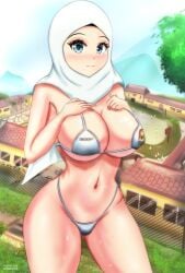 arabian big_breasts bikini blas7hatvga blue_eyes character_name exhibitionism headscarf hijab micro_bikini muslim naughty original original_character presenting sole_female