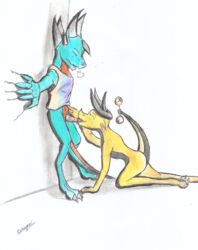 3_horns 3_toes 5_horns anthro bell bottomless breathing clawing clothed clothes digitigrade dragon fellatio female half-dressed male oral original original_character penis poking scalie sex straight toes tohgjen traditional_media_(artwork) yellow_scales