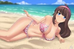 1girls beach bikini bikini_bottom bikini_top blue_eyes breasts brown_hair female hairband long_hair looking_at_viewer lying navel ocean on_side original outdoors rocky-ace sand smile solo water wide_hips