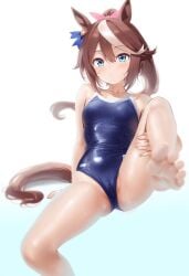 ai_generated animal_ears brown_hair female horse_girl pony_tail ribbon swimsuit tokai_teio_(umamusume) two_tone_hair umamusume umamusume_pretty_derby