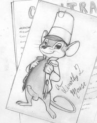 1boy clothing disney dumbo erection grose_(artist) looking_at_viewer male male_only mammal monochrome mouse nude penis rodent rough_sketch simple_background smile solo testicles timothy_mouse