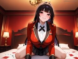 1girls ace_(playing_card) ace_of_hearts ace_of_spades ai_generated anilvl bangs bed black_hair black_skirt blazer blunt_bangs blush breasts card chandelier collared_shirt gloves grin hime_cut indoors jabami_yumeko jacket kakegurui lamp large_breasts long_hair long_sleeves looking_at_viewer no_legwear on_bed parted_lips pillow plaid plaid_skirt playing_card pleated_skirt red_eyes red_jacket school_uniform shirt skirt smile solo spade_(shape) spread_legs straddling thighs very_long_hair white_shirt