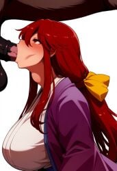 ai_generated blowjob bow deepthroat female female_on_feral feral hair_ribbon hairbow horse horse_penis horsecock huge_breasts interspecies kimono kotohime kotohime_(touhou) low-tied_long_hair ponytail purple_kimono red_eyes red_hair ribbon throat_bulge throat_fuck touhou touhou_(pc-98) white_kimono yellow_bow yellow_ribbon zoophilia