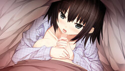 1boy arishima_alice bangs black_hair blue_eyes blunt_bangs blush breasts censored clothing collarbone cura female game_cg handjob highres imminent_fellatio looking_at_viewer monobeno mosaic_censoring no_bra open_clothes open_mouth open_shirt penis shirt short_hair solo_focus sweat under_covers