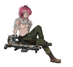 boots breasts cherri_(oc) green_eyes gun helmet knife military_uniform navel nipple_piercing pierced_nipples piercing pink_hair shirt_lift shy titanfall titanfall_2