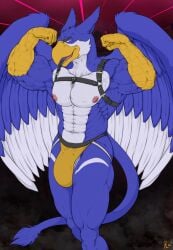 abs anthro avian bulge clothing flexing flexing_bicep gryphon jericko_(germanshepherd69) jockstrap looking_at_viewer male muscular mythological_avian mythological_creature mythology nilemonitor open_mouth open_smile smile solo standing underwear