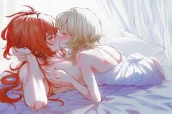 1boy 1girls blonde_female blonde_hair blush closed_eyes diluc_(genshin_impact) female genshin_impact hand_on_pecs kissing light_skin long_hair long_hair_male lumine_(genshin_impact) making_out male male/female pecs red_hair romantic romantic_ambiance root_(050710root) sheets shirtless shirtless_male straight suggestive white_sheets wholesome wholesome_nudity