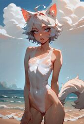 ai_generated beach catgirl swimsuit wet white_hair