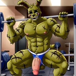 1boy ai_generated anthro balls barbell_squats erection exposed_penis fangs five_nights_at_freddy's fnaf furry green_body green_fur gym humanoid jockstrap male_focus male_only muscular muscular_male nude penis rabbit solo solo_focus springtrap_(fnaf)