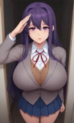 ai_generated big_breasts blue_skirt body_modification brainwashed brainwashing doki_doki_literature_club drooling emotionless empty_eyes expressionless hacking huge_breasts hypnosis identity_death large_breasts long_hair massive_breasts mental_transformation mind_control open_mouth open_shirt pov pov_male purple_eyes purple_hair salute saluting school_uniform white_shirt yuri_(doki_doki_literature_club)