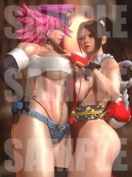 2girls 3d ass breasts brown_eyes brown_hair choker clothing crop_top crossover cutoffs denim denim_shorts fatal_fury female female_only final_fight fingerless_gloves gloves hand_fan hand_on_hip hat headwear high_ponytail highleg_panties king_of_fighters large_breasts lips long_hair looking_at_viewer mai_shiranui midriff multiple_girls muscle navel no_bra peaked_cap pink_hair poison_(final_fight) ponytail realistic revealing_clothes rope short_shorts shorts sideboob standing street_fighter thick_thighs thighs thong tied_hair underboob underwear zeroreyko