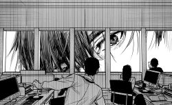 giant giant_male indoors looking_at_viewer male male_focus monochrome multiple_boys original solo_focus yukibi_(ykb)