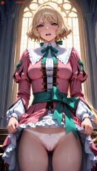 ai_generated blonde_hair bow bow_on_panty castlevania castlevania_(netflix) castlevania_nocturne church disgusted disgusted_face disgusted_look dress green_eyes hi_res high_resolution highres looking_at_viewer low_ponytail maria_renard nnnyr open_mouth ponytail skirt_lift skirt_up stable_diffusion visible_panties visible_underwear wavy_hair white_panties white_underwear