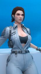 3d ass belt blender_(software) blue_background blue_eyes breasts brown_hair cleavage closed_mouth clothing cowboy_shot e_kult earphones earpiece earrings female female_only gloves gun hailey_(the_first_descendant) handgun holster holstered_weapon jewelry jumpsuit large_breasts lips looking_at_viewer medium_breasts open_clothes pants pocket ponytail realistic short_hair short_ponytail solo sports_bra the_first_descendant unzipped walkie-talkie weapon