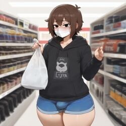 ai_generated black black_eyes blush brown_hair curvy dark_eyebags detailed_bulge embarrassed face femboy flat_chest highres holding_object hoodie horny male mask short_hair short_jeans shy solo thick_thighs white wide_hips