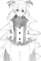 :o blush character_request copyright_request doki_(pixiv) female gamma gloves hair_ornament hair_ribbon long_hair monochrome no_panties open_mouth pussy ribbon scarf simple_background skirt skirt_lift solo tied_hair twintails uncensored