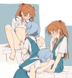 2girls almost_naked almost_nude asuka_langley_sohryu blue_hair blush breasts brown_hair cry crying crying_with_eyes_open eating_pussy girls_only neon_genesis_evangelion open_mouth pussy rei_ayanami school_uniform sex sitting small_breasts sucking_nipples vagina yuri