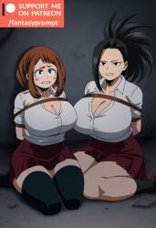 1girls ai_generated black_eyes black_hair boku_no_hero_academia breasts_bigger_than_head brown_eyes brown_hair cleavage fantasyprompt female female_only huge_breasts kidnapped long_hair momo_yaoyorozu my_hero_academia narrow_waist ochako_uraraka revealing_clothes scared school_uniform schoolgirl short_hair skirt tied_hair tied_up tight_clothing wide_hips