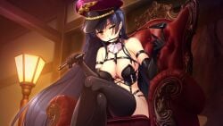 black_hair blush breasts game_cg gold_eyes koihime†_(series) latex long_hair oda_saburou_kuon_nobunaga sengoku_koihime_x