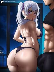 1boy 1girls 2025 ai_generated ass big_ass big_breasts big_bulge big_butt bikini black_bikini black_clover breasts bulge echosaber_(ai_style) noelle_silva purple_eyes silver_hair twintails