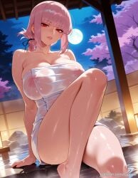 ai_generated balecxi bare_shoulders barefoot braid cherry_blossoms cleavage collarbone covered_nipples fate/grand_order fate_(series) female florence_nightingale_(fate) florence_nightingale_(trick_or_treatment)_(fate) folded_ponytail large_breasts looking_at_viewer moon naked_towel night onsen parted_lips pink_hair red_eyes see-through sitting solo water wet wet_towel