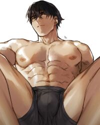 1boy abs black_eyes black_hair boxers expressionless legs_apart looking_at_viewer male male_only muscular_male nipples original simple_background solo topless underwear underwear_only white_background yukibi_(ykb)