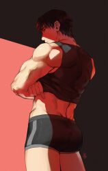 1boy ass back black_eyes black_hair expressionless from_behind looking_at_viewer male male_only muscular_male original shirt_lift solo tank_top underwear undressing yukibi_(ykb)