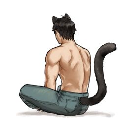 1boy animal_ears back black_hair cat_ears from_behind kemonomimi male male_only muscular_male original pants simple_background sitting solo tail topless white_background yukibi_(ykb)