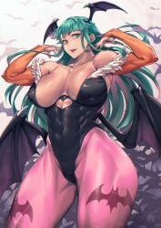 abs animal_print ass_visible_through_thighs bat_(animal) bat_print bat_wings biceps breasts breasts_apart bridal_gauntlets cleavage darkstalkers female green_eyes green_hair head_wings highleg highleg_leotard highres large_breasts leotard long_hair looking_at_viewer mikel_bk morrigan_aensland muscular muscular_female pantyhose print_pantyhose purple_pantyhose smile solo thick_thighs thighs wings