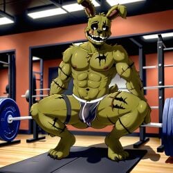 1boy ai_generated anthro balls erection fangs five_nights_at_freddy's fnaf furry green_body green_fur humanoid jockstrap male_focus male_only muscular muscular_male nude penis rabbit solo solo_focus springtrap_(fnaf) squatting