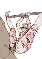 2boys anal anal_sex bar_bondage blonde_hair blonde_male blood blue_eyes bondage bondage_gear bruise bruised bruised_eye bruises cuntboy cuts cuts_on_thighs gore ivan_raidenovitch_raikov knife knife_in_pussy knife_play kogane_momo lichtenberg_figure lichtenberg_scar lightning_scar masochism masochist metal_gear metal_gear_solid object_insertion scars scars_on_thighs spread_legs welts