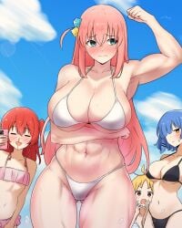 4girls abs ahoge amogan armpits bikini blonde_hair blue_hair blush bocchi_the_rock! breasts cube_hair_ornament detached_ahoge gluteal_fold gotoh_hitori hair_ornament highres ijichi_nijika kessoku_band kita_ikuyo large_breasts midriff multiple_girls muscular muscular_female one_side_up pink_hair red_hair shame side_ahoge swimsuit yamada_ryo