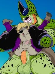 anal anal_sex animal_genitalia anthro balls big_balls big_dom_small_sub big_penis blonde_hair blue_ear_piercing bodily_fluids bottomwear brown_body brown_fur captured cell_(dragon_ball) clothing cum cum_in_ass cum_inside dominant dragon_ball duo ejaculation eyewear feet fur genital_fluids genitals glasses green_balls green_body green_penis hair hi_res humanoid_genitalia humanoid_penis male male/male male_only mammal membrane_(anatomy) mustelid open_mouth orange_penis otter otter_tail pandottermon parker_(pandottermon) penetration penis pink_penis questionable_consent semi-perfect_cell sheath simple_background size_difference teeth toes tongue torn_bottomwear torn_clothing wearing_glasses webbed_feet webbed_hands