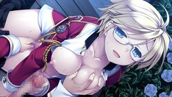 1boy blonde_hair blue_eyes blush breast_grab breasts censored collarbone dutch_angle exhibitionism female flower game_cg glasses handjob hello_lady katsuragi_sorako large_breasts looking_at_viewer masturbation mosaic_censoring open_clothes open_mouth open_shirt penis pussy_juice saeki_hokuto shirt short_hair solo_focus sweat