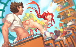 anus ass bent_over dress erotibot female hair_bun knee_socks kneehighs kneesocks long_hair looking_at_pussy looking_back male no_panties open_mouth original original_character original_characters outdoor penis public pussy red_hair roller_coaster socks spread_pussy striped_socks white_socks