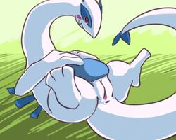 anus avian blush chubby female feral furry legendary_pokemon lugia lying nintendo on_back outside pokemon pokemon_(species) pokemon_focus purple_eyes pussy solo tediousramen video_games