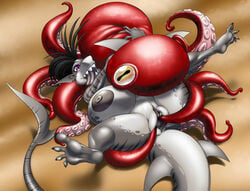 ambiguous_gender anthro anthro_on_feral big_breasts black_hair breasts cephalopod erect_nipples female feral fish hair interspecies marine masterokiakai netsuko nipples nude octopus purple_eyes pussy shark spread_legs spread_pussy spreading tentacle tongue tongue_out zoophilia