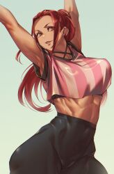 abs armpits arms_up breasts crop_top female large_breasts long_hair midriff mikel_bk muscular muscular_female orange_eyes original pants red_hair smile solo striped_clothes tank_top tight_clothes tight_pants white_background