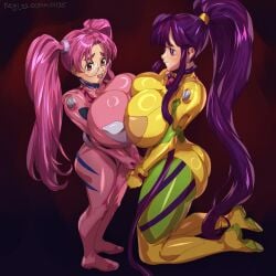 2girls ass big_glasses blush bracelet crossover crossover_cosplay eiken female gigantic_breasts glasses huge_ass impossible_clothes impossible_fit keigi_(artist) kirika_misono komoe_harumachi long_hair neon_genesis_evangelion nipple_bulge nipples nipples_visible_through_clothing pink_hair pink_nails plugsuit ponytail purple_eyes purple_hair round_glasses shortstack skindentation thick_thighs thighs twintails twintails_(hairstyle)