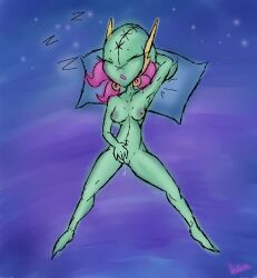 anthro beanish bed breasts closed_eyes cute duxeite female femengumisi fingering fingering_pussy fingering_self furniture genitals goblin_female green_body green_skin hi_res lying masturbation monster_girl_(genre) nipples original pussy sleeping sleeping_female sleeping_nude small_breasts solo solo_focus spread_legs spreading