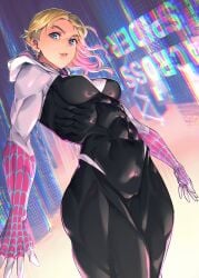 abs biceps blonde_hair blue_eyes bodysuit breasts covered_abs cowboy_shot eyebrow_piercing female gloves gradient_hair gwen_stacy highres looking_at_viewer marvel medium_breasts medium_hair mikel_bk multicolored_hair muscular muscular_female piercing pink_gloves pink_hair solo spider-gwen spider-man:_across_the_spider-verse spider-man_(series) spider-verse spider_web_print two-tone_hair