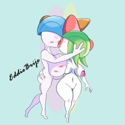 absurd_res anthro ass breasts duo eddiebrije female female/female generation_3_pokemon genitals hi_res kiss_mark kiss_on_lips kissing nintendo nipples not_furry nude pokemon pokemon_(species) pussy ralts simple_background tongue wide_hips