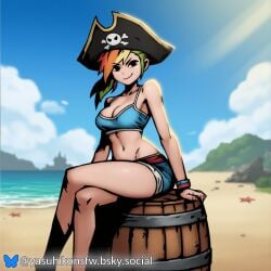 ai_generated barrel beach bluesky_logo bluesky_username darkest_dungeon horizon human midriff my_little_pony pirate pirate_hat rainbow_dash_(mlp) rainbow_hair sitting skull_and_crossbones small_breasts smug style_parody tomboy tropical yasuhikonsfw