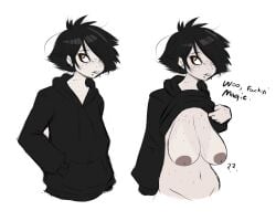 2010s 2018 2_panel_comic amber_eyes belly_button black_hair black_hoodie breasts breasts_out buckteeth digital_media_(artwork) dullvivid english english_text female fluffernubber freckles freckles_on_breasts freckles_on_face goth goth_girl hoodie hoodie_lift inverted_nipples lara_ravencroft light-skinned_female magic navel pale-skinned_female presenting pressing_breasts sarcasm short_hair solo talking_to_viewer tan_lines tummy unkempt_hair veiny_breasts