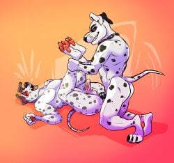 allorexx anal anal_sex anthro balls canid canine canis dalmatian domestic_dog duo from_front_position genitals jj_(zarif) kneeling legs_up looking_pleasured male male/male mammal pawpads penetration penis smile