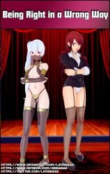 2girls 3d business_woman crossover english_text garter_straps koikatsu_(medium) latinkaixa mitsuru_kirijo pantyshot persona persona_3 red_hair revealing_clothes rwby thighhighs title_page weiss_schnee white_hair